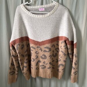 Pink Lily Beige and Brown Leopard Print Sweater - small